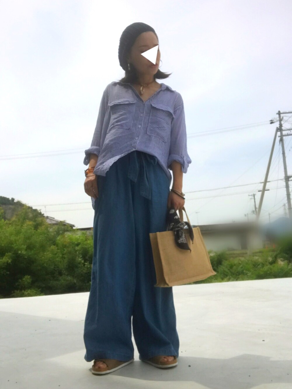 「シャツスタイル、ハンドメイド」｜「ZARAのアイテム（シャツ/ブラウス、ブルー系）」を使った、TASIA さん（レディース・155cm）の夏コーディネートの1枚目の写真