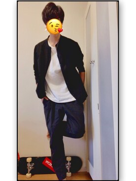 「黒パンツ」｜「アイテム（ノーカラージャケット）」を使った、こせ코세 さん（メンズ・178cm）の秋コーディネート