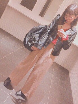 「one after another NICE CLAUP（ワンアフターアナザーナイスクラップ）のアイテム（ライダースジャケット）」を使った、るきゃ。さん（レディース・158cm）の春コーディネート