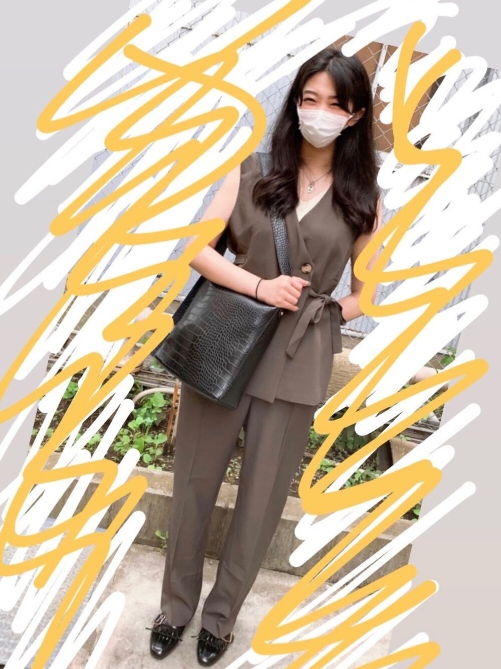 「夏、ラクチンコーデ、ワイドパンツ、セットアップ」｜「chucllaのアイテム（セットアップ、ブラウン系）」を使った、Ｌさん（レディース・162cm）の夏コーディネートの1枚目の写真