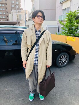 「COMME CA ISM（コムサイズム）のアイテム（チェスターコート）」を使った、TAKAHIRO MASUKAWAさん（メンズ・177cm）の春コーディネート