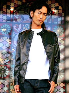 「no brand（ノーブランド）のアイテム（ライダースジャケット）」を使った、中小路秀雄さん（メンズ・180cm）の冬コーディネート