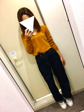 「AZUL by moussy（アズールバイマウジー）のウォッシャブルソフトタッチV/N長袖PO（ニット/セーター）」を使った、na☺︎さん（レディース・154cm）の秋コーディネート