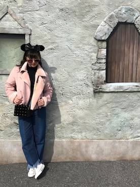 「disney」｜「アイテム（ライダースジャケット）」を使った、中嶋 桃花さん（レディース・150cm）の冬コーディネート