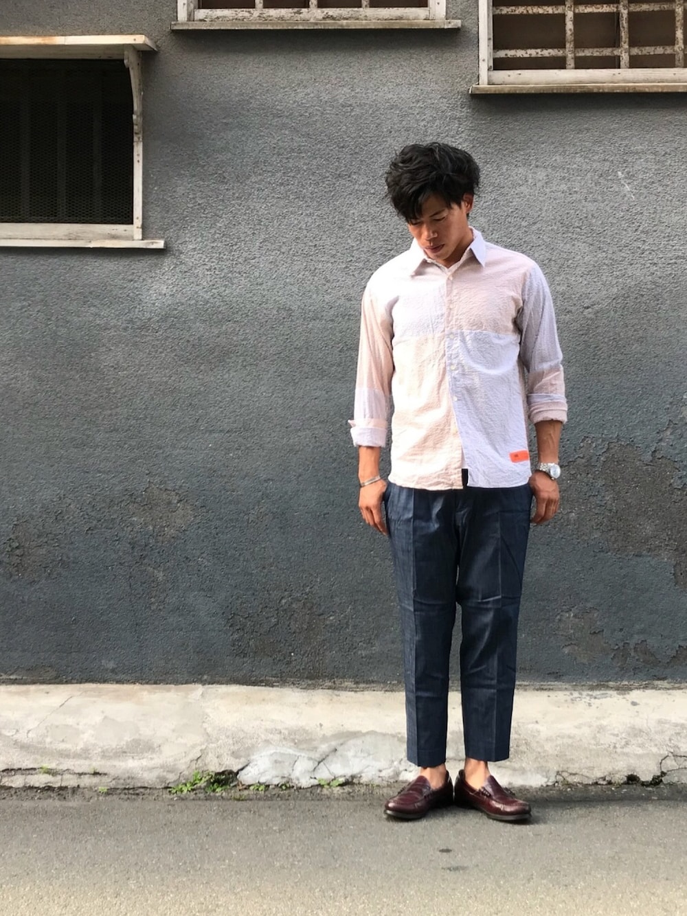 「爽やかコーデ、大人カジュアル、シャツスタイル、ローファー、アンクルパンツ、涼しい、お洒落さんとつながりたい」｜「melpleのアイテム（シャツ/ブラウス、その他）」を使った、Masami  さん（メンズ・174cm）の春コーディネートの1枚目の写真