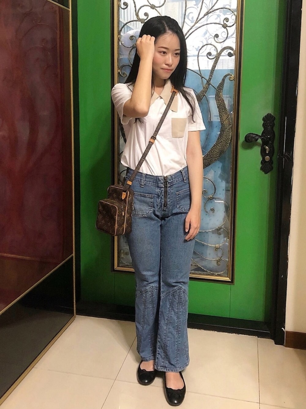 「低身長コーデ、ZARA、LouisVuitton、ORiental TRaffic(ORiental TRaffic)」｜「ZARAのアイテム（Tシャツ/カットソー、ホワイト系）」を使った、晴ʕ•ᴥ•ʔ🇹🇼さん（レディース・153cm）の夏コーディネートの1枚目の写真