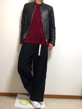 「ベロア」｜「アイテム（ライダースジャケット）」を使った、わらわらさん（メンズ・173cm）の冬コーディネート