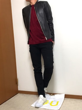 「ベロア」｜「アイテム（ライダースジャケット）」を使った、わらわらさん（メンズ・173cm）の冬コーディネート