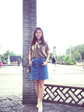 「LOWRYS FARM（ローリーズファーム）のTCRスカーフツキTショートスリーブ　716752（Tシャツ/カットソー、ホワイト系）」を使った、juUdy🎀さん（レディース・163cm）の春コーディネート