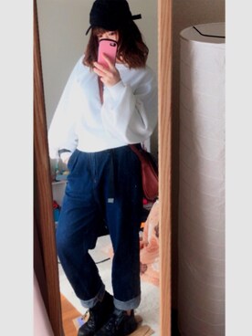 「GU（ジーユー）のアイテム（デニムパンツ、ブルー系）」を使った、michanさん（レディース・151cm）の春コーディネート