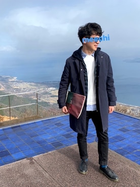 「アイテム（ステンカラーコート）」を使った、meechiさん（メンズ・174cm・20代）の冬コーディネート