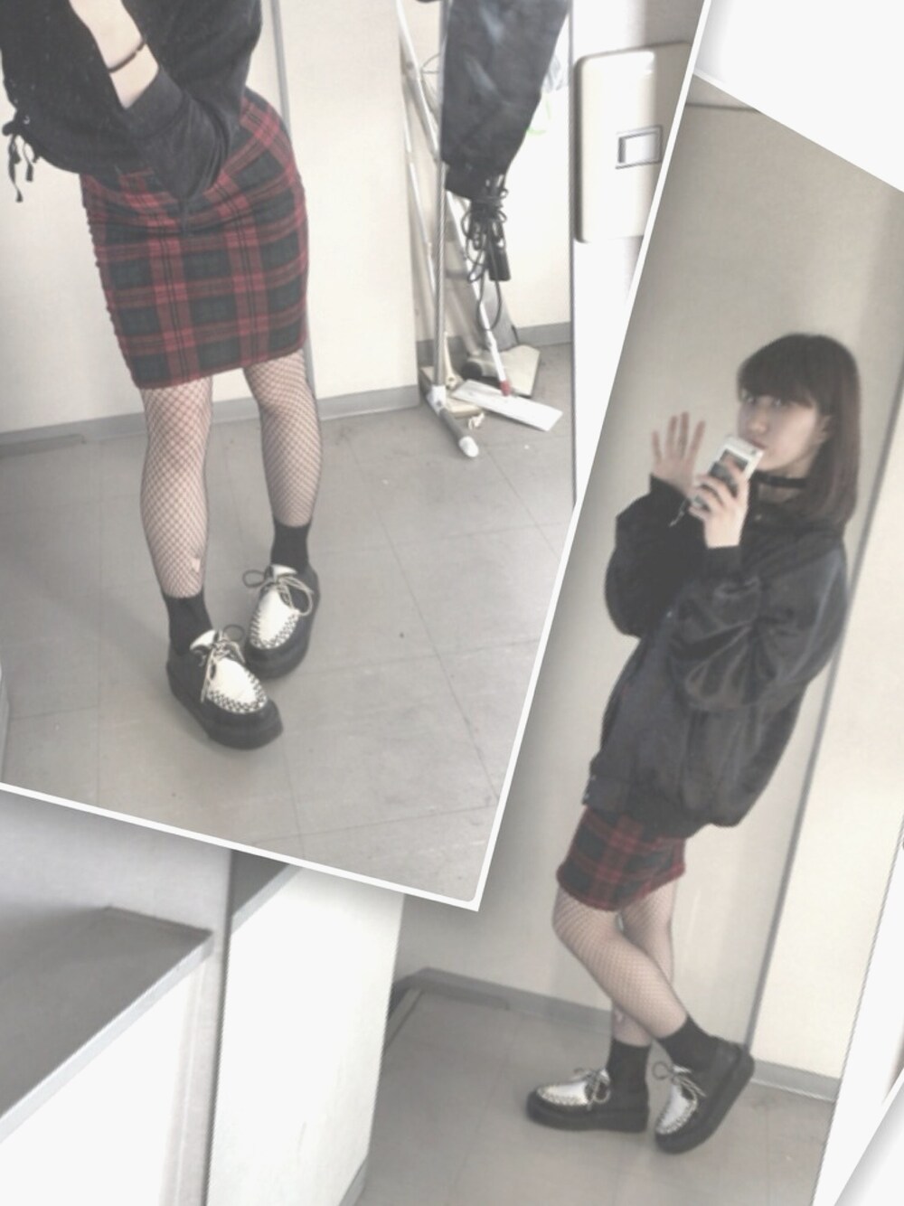 「編み上げトップス、チェックスカート、網タイツ、YOSUKE」｜「YOSUKEのアイテム（シューズ、ブラック系）」を使った、あさん（レディース・165cm）の秋コーディネートの1枚目の写真