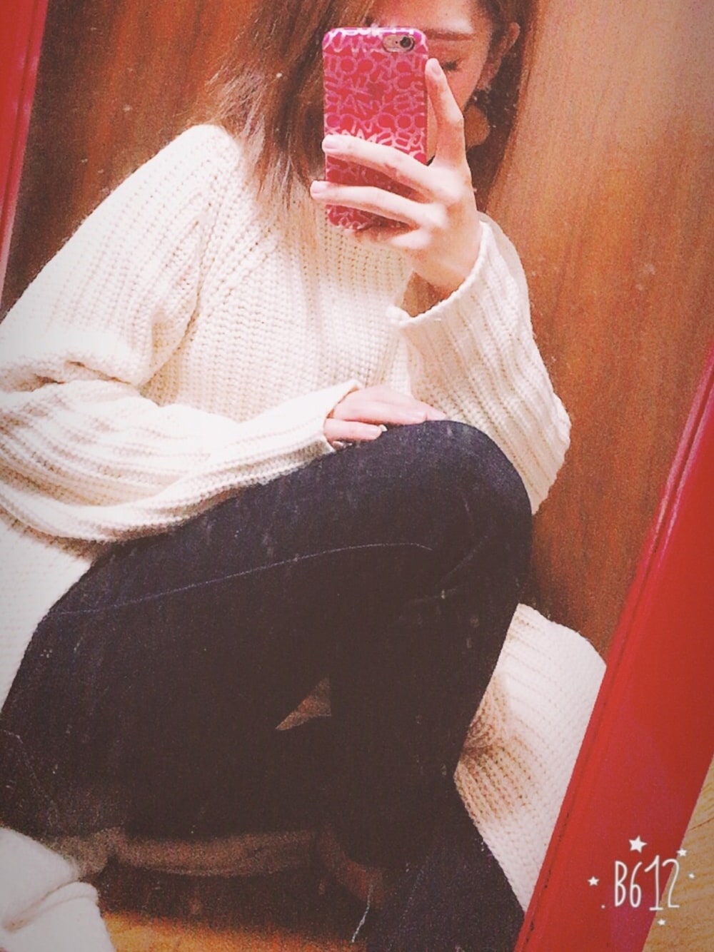 「デニム、ロングニットワンピ、ロングニット、EVRIS 、ootd、outfit、ローリーズファーム(LOWRYS FARM)、followme、フォローミー、お洒落さんとつながりたい」｜「EVRISのアイテム（ワンピース、ホワイト系）」を使った、MiKittyさん（レディース・157cm）の冬コーディネートの1枚目の写真