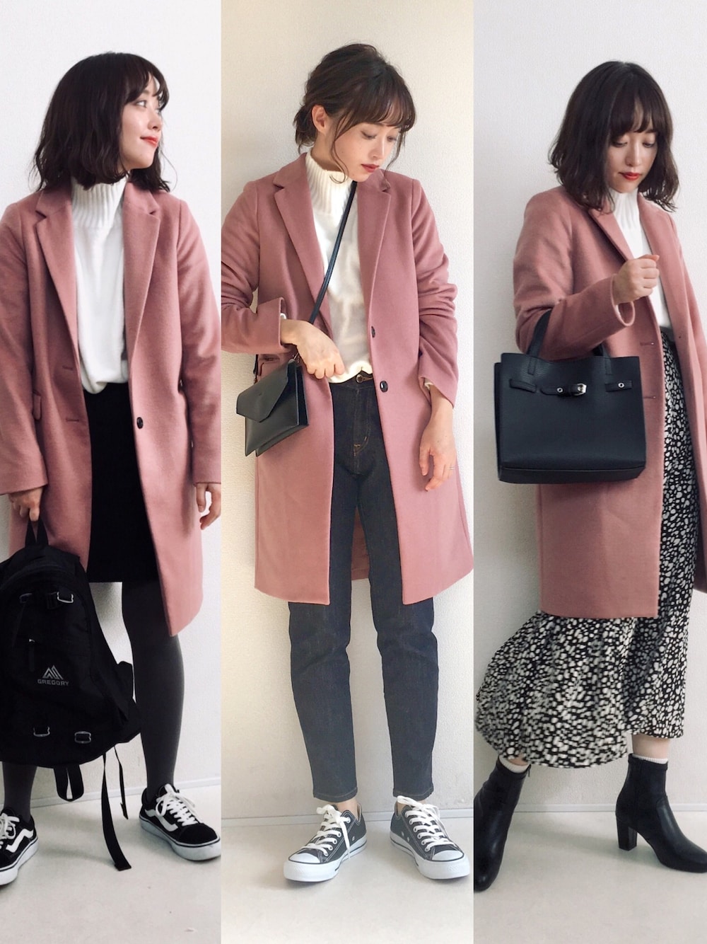 ピンク系のチェスターコート、ホワイト系のニット/セーター、ブルー系のデニムパンツを着用したレディースの冬コーディネートの1枚目の写真