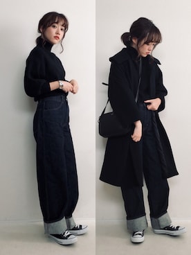 「UNIQLO（ユニクロ）のハイライズワイドストレートジーンズ（デニムパンツ）」を使った、てらさん（レディース・161cm）の冬コーディネート