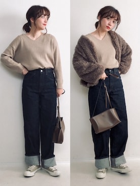 「UNIQLO（ユニクロ）のハイライズワイドストレートジーンズ（デニムパンツ）」を使った、てらさん（レディース・161cm）の冬コーディネート