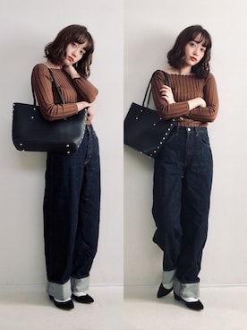 「UNIQLO（ユニクロ）のハイライズワイドストレートジーンズ（デニムパンツ）」を使った、てらさん（レディース・161cm）の冬コーディネート