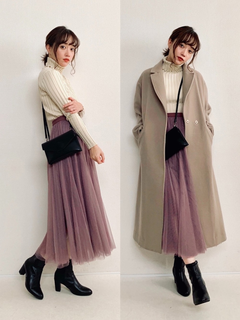 ベージュ系のニット/セーター、ピンク系のスカート、ブラック系のブーツを着用したレディースの冬コーディネートの1枚目の写真