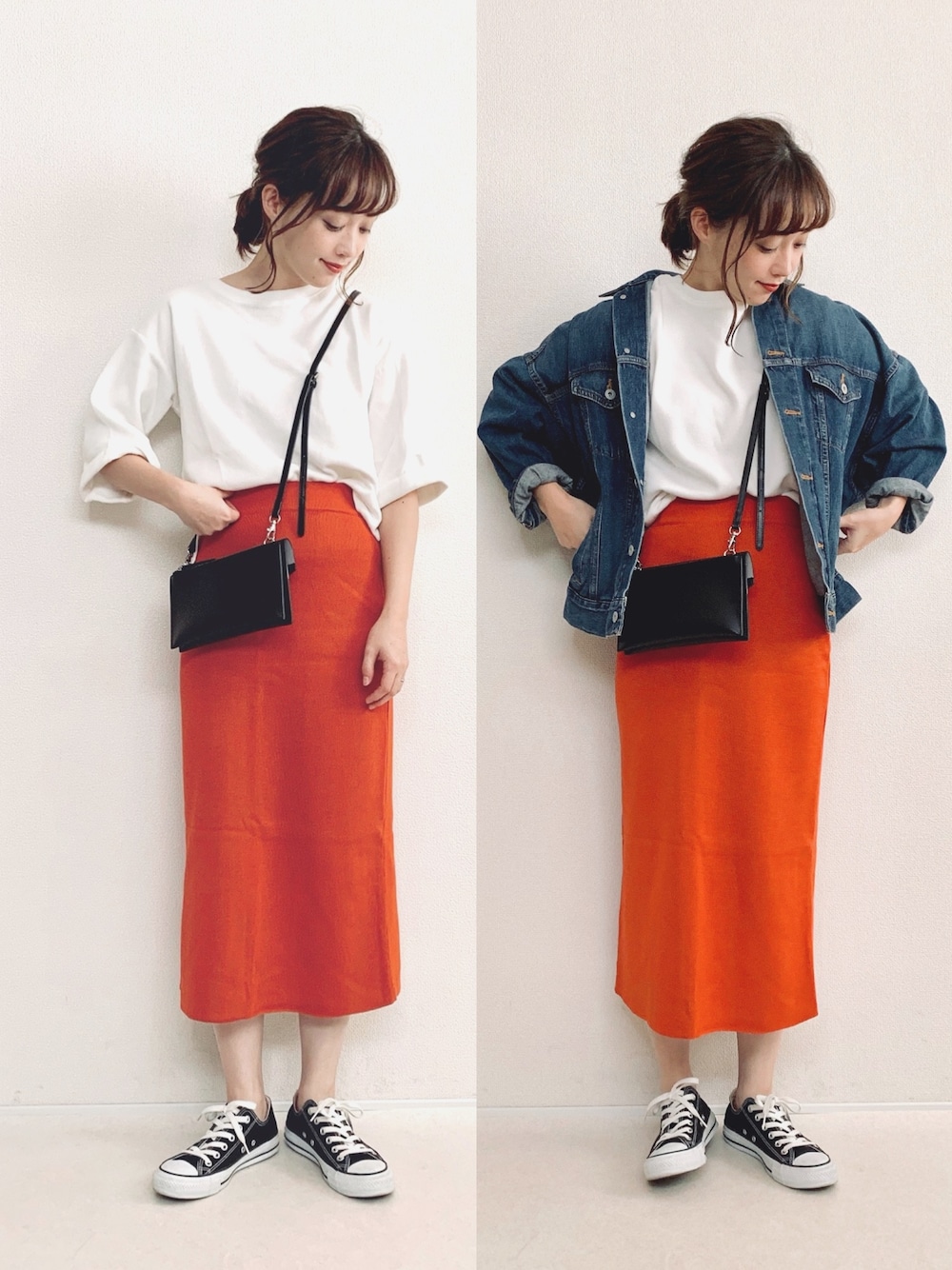 ブルー系のブルゾン、オレンジ系のセットアップを着用したレディースの冬コーディネートの1枚目の写真