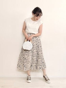 「Chaco closet（チャコ クローゼット）のワッフルフレンチスリーブ半袖T（Tシャツ/カットソー）」を使った、てらさん（レディース・161cm）の夏コーディネート