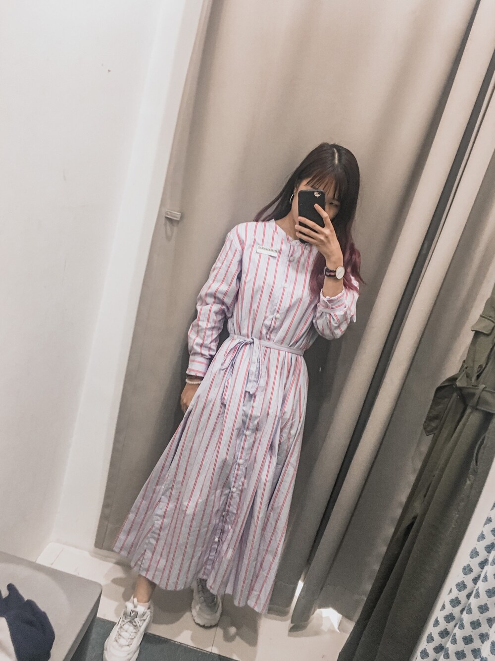 「ootd、夏」｜「SENSE OF PLACE by URBAN RESEARCHの2WAYストライプロングシャツワンピース（シャツワンピース、ブルー系）」を使った、yellowsea さん（レディース・154cm）の夏コーディネートの1枚目の写真