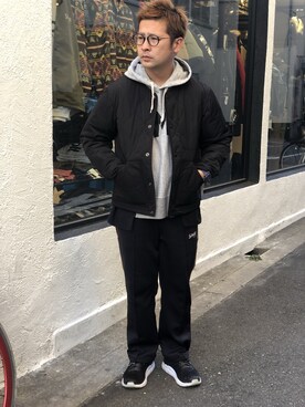 「schott（ショット）のアイテム（ノーカラージャケット）」を使った、やなちゃんさん（メンズ・164cm）の冬コーディネート