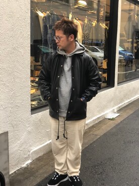 「レザーコーデ」｜「アイテム（スタジャン）」を使った、やなちゃんさん（メンズ・164cm）の冬コーディネート