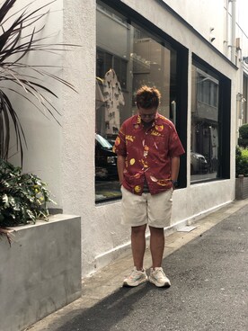 「schott（ショット）のSchott/ショット/HAWAIIAN SHIRT PLANET/ハワイアンシャツ プラネット（シャツ/ブラウス）」を使った、やなちゃんさん（メンズ・164cm）の夏コーディネート