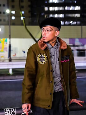 「Subciety（サブサエティ）のアイテム（ハンチング/ベレー帽）」を使った、Felipe Fumio Kikutaさん（メンズ・175cm）の秋コーディネート