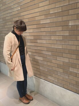 「UNIQLO（ユニクロ）のエクストラファインメリノリブタートルネックセーター（長袖）（ニット/セーター）」を使った、sanaさん（レディース・163cm）の冬コーディネート