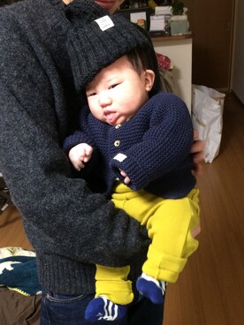 「PETIT BATEAU（プチバトー）のガーター編みニットカーディガン（カーディガン/ボレロ、ブルー系）」を使った、wakuさん（キッズ）の秋コーディネート