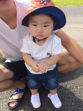 「無印良品（ムジルシリョウヒン）のアイテム（Tシャツ/カットソー、ホワイト系）」を使った、wakuさん（キッズ）の秋コーディネート