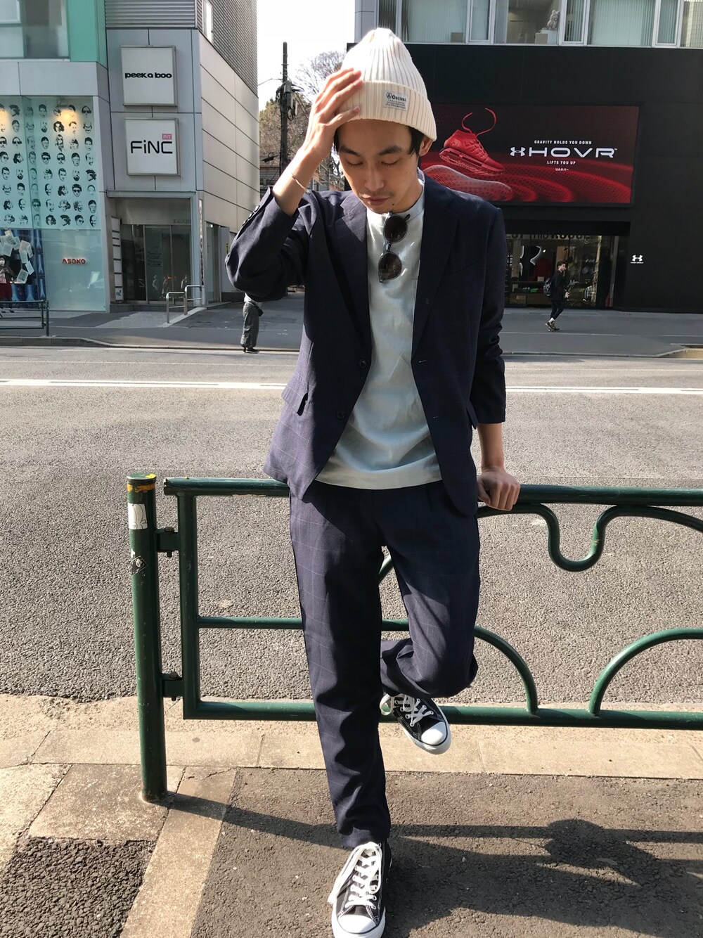 「ciaopanicTYPY、春コーデ、セットアップ、コンバース、オーシバル、ニット帽、休日スタイル、シンプル、スラックス、サングラス」｜「CIAOPANIC TYPYの【ORCIVAL】オーシバルコットンリブニット（ニットキャップ/ビーニー、ホワイト系）」を使った、__k2_mtさん（メンズ・173cm）の冬コーディネートの1枚目の写真