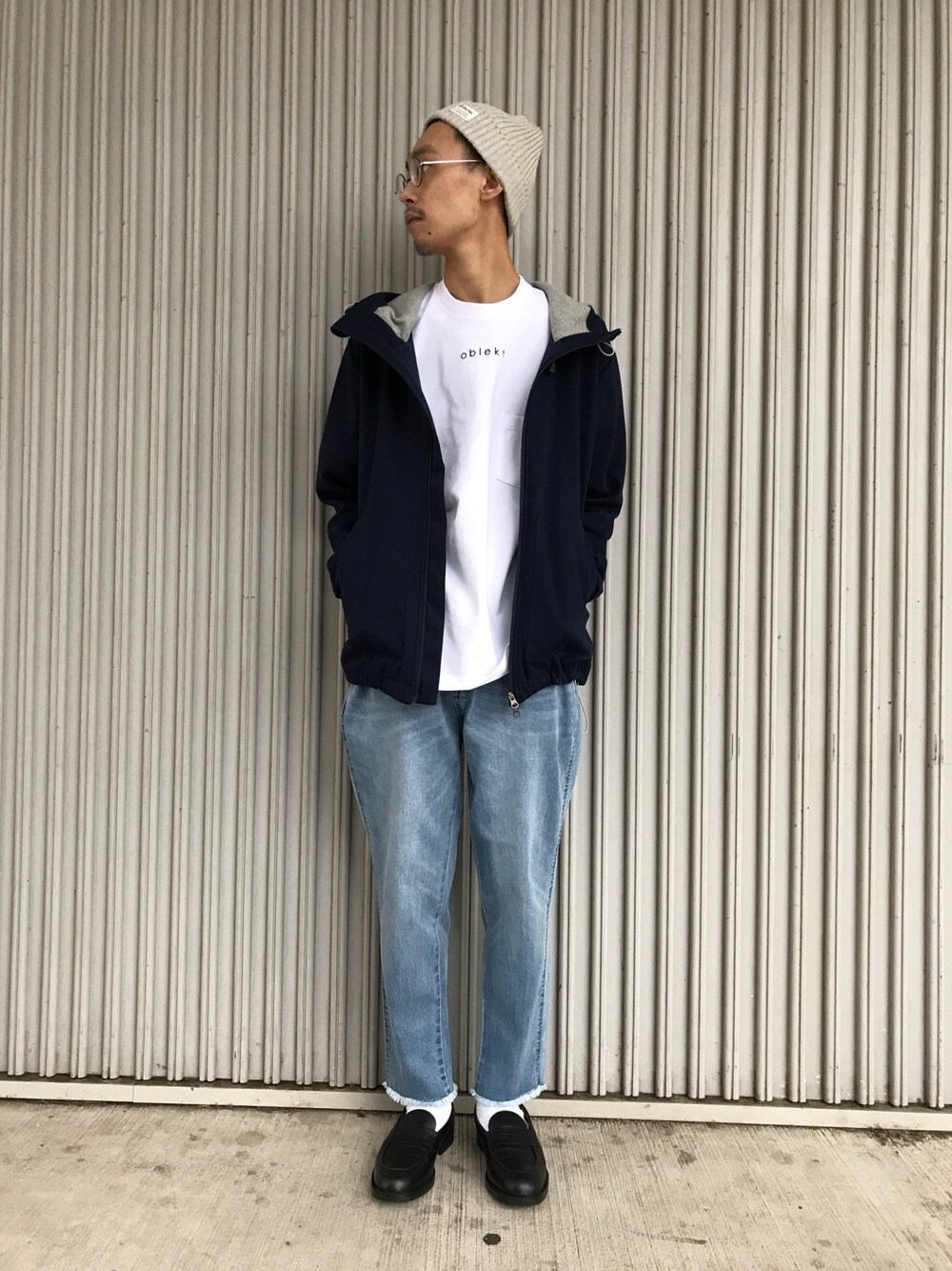 「ciaopanicTYPY、KLEMAN、シンプルコーデ、お洒落さんとつながりたい、デニム、orcival、フードブルゾン、oblekt、ローファー、春」｜「CIAOPANIC TYPYの【ORCIVAL】オーシバルコットンリブニット（ニットキャップ/ビーニー、ホワイト系）」を使った、__k2_mtさん（メンズ・173cm）の春コーディネートの1枚目の写真