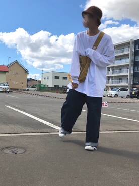 「HANES（ヘインズ）のHanes/ヘインズ Beefy-T ビッグシルエット ロングスリーブTシャツ（Tシャツ/カットソー、ホワイト系）」を使った、yutaさん（メンズ・173cm）の秋コーディネート