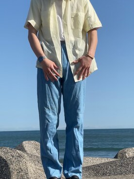 「Wrangler（ラングラー）のアイテム（スラックス、ブルー系）」を使った、kantaさん（メンズ・168cm）の春コーディネート