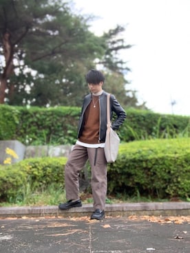 「ストレートパンツ」｜「アイテム（ライダースジャケット）」を使った、しゅんさん（メンズ・170cm）の秋コーディネート