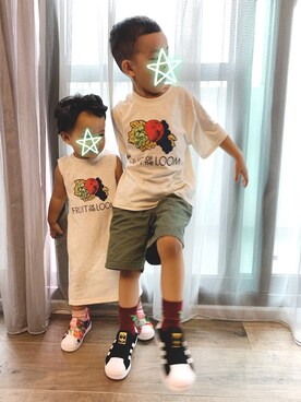 「FRUIT OF THE LOOM（フルーツオブザルーム）のアイテム（ワンピース/ドレス）」を使った、576さん（キッズ・110cm）の秋コーディネート