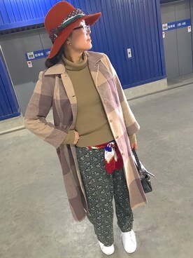 「アイテム（ステンカラーコート、ピンク系）」を使った、machiさん（レディース・158cm）の冬コーディネート