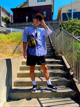 「GU（ジーユー）のアイテム（シャツ/ブラウス、ブルー系）」を使った、hhhyyytttさん（メンズ・175cm）の夏コーディネート