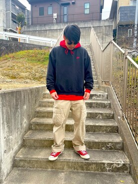 「Lee（リー）のアイテム（カーゴパンツ）」を使った、hhhyyytttさん（メンズ・175cm）の冬コーディネート