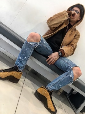 「carhartt」｜「アイテム（ミリタリージャケット）」を使った、mitsushi13さん（メンズ・173cm）の冬コーディネート