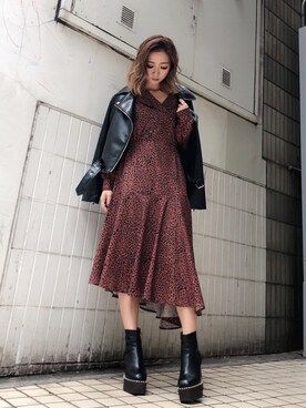 「ENVYM（アンビー）のアイテム（ライダースジャケット）」を使った、HARUKAさん（レディース・157cm）の秋コーディネート