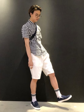 「ソックス」｜「アイテム（スリッポン）」を使った、さんさんさん（メンズ・183cm）の夏コーディネート
