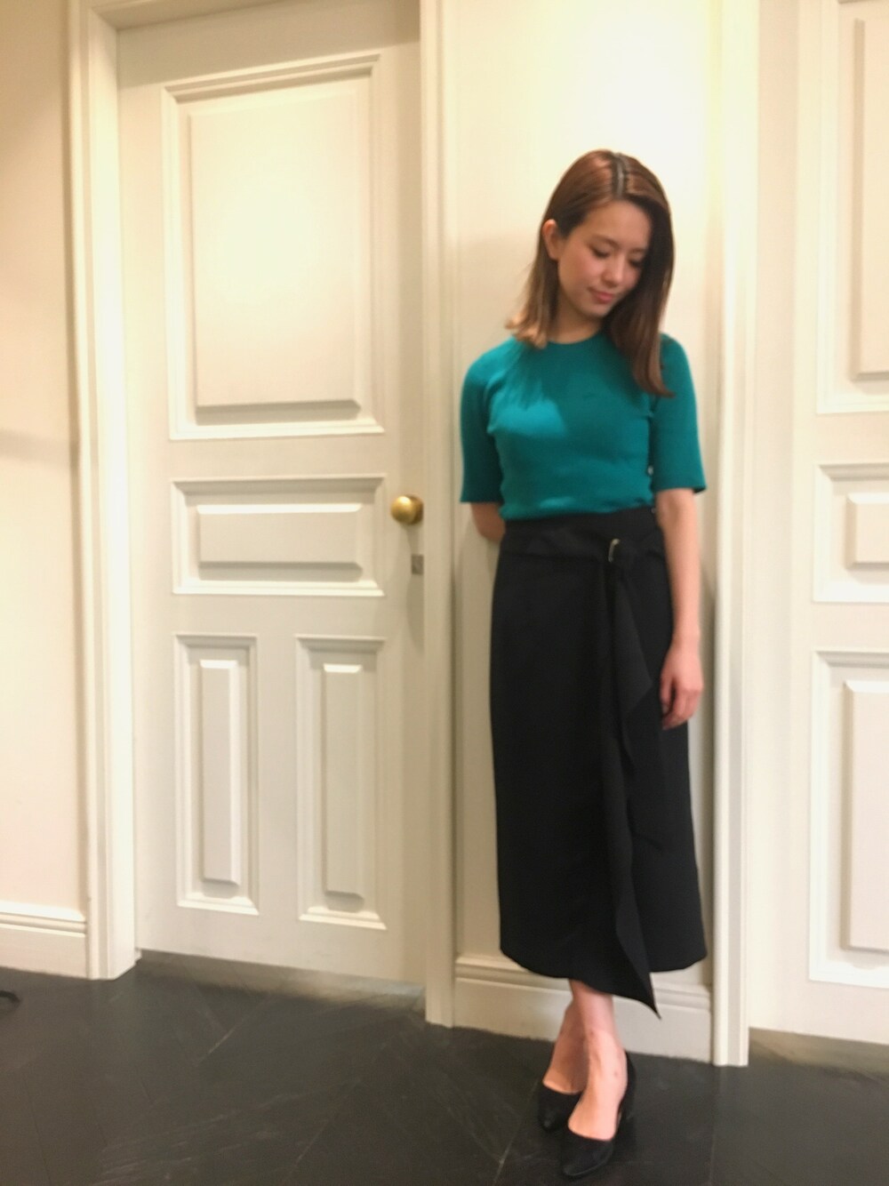 「春、グリーン、ラップスカート、FRAY I.D」｜「FRAY I.Dのアイテム（ニット/セーター、グリーン系）」を使った、akane takahashiさん（レディース・155cm）の冬コーディネートの1枚目の写真