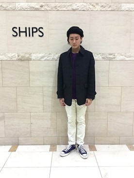 「クルーネックニット」｜「アイテム（ピーコート）」を使った、桑畑さん（メンズ・175cm）の秋コーディネート