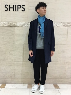「アイテム（マフラー、ブルー系）」を使った、桑畑さん（メンズ・175cm）の冬コーディネート