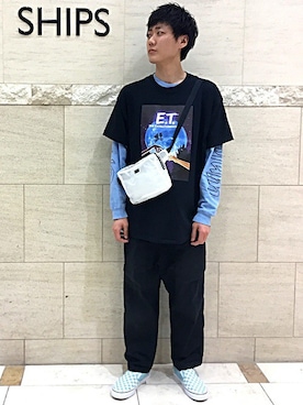 「アイテム（スリッポン、ブルー系）」を使った、桑畑さん（メンズ・175cm）の春コーディネート