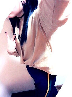 「earth music&ecology（アースミュージックアンドエコロジー）の【2016Autumn】ゆるスキッパーシャツ（シャツ/ブラウス、ベージュ系）」を使った、ｶﾏﾝﾍﾞｰﾙさん（レディース・156cm）の冬コーディネート