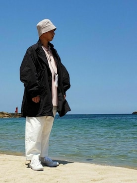「neos（ネオス）のアイテム（帽子）」を使った、ヨッシーさん（メンズ・168cm）の夏コーディネート